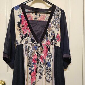Boho Floral V-Neck Tunic Top Sheer Sleeves Navy Pink Beige Artsy Blouse M
